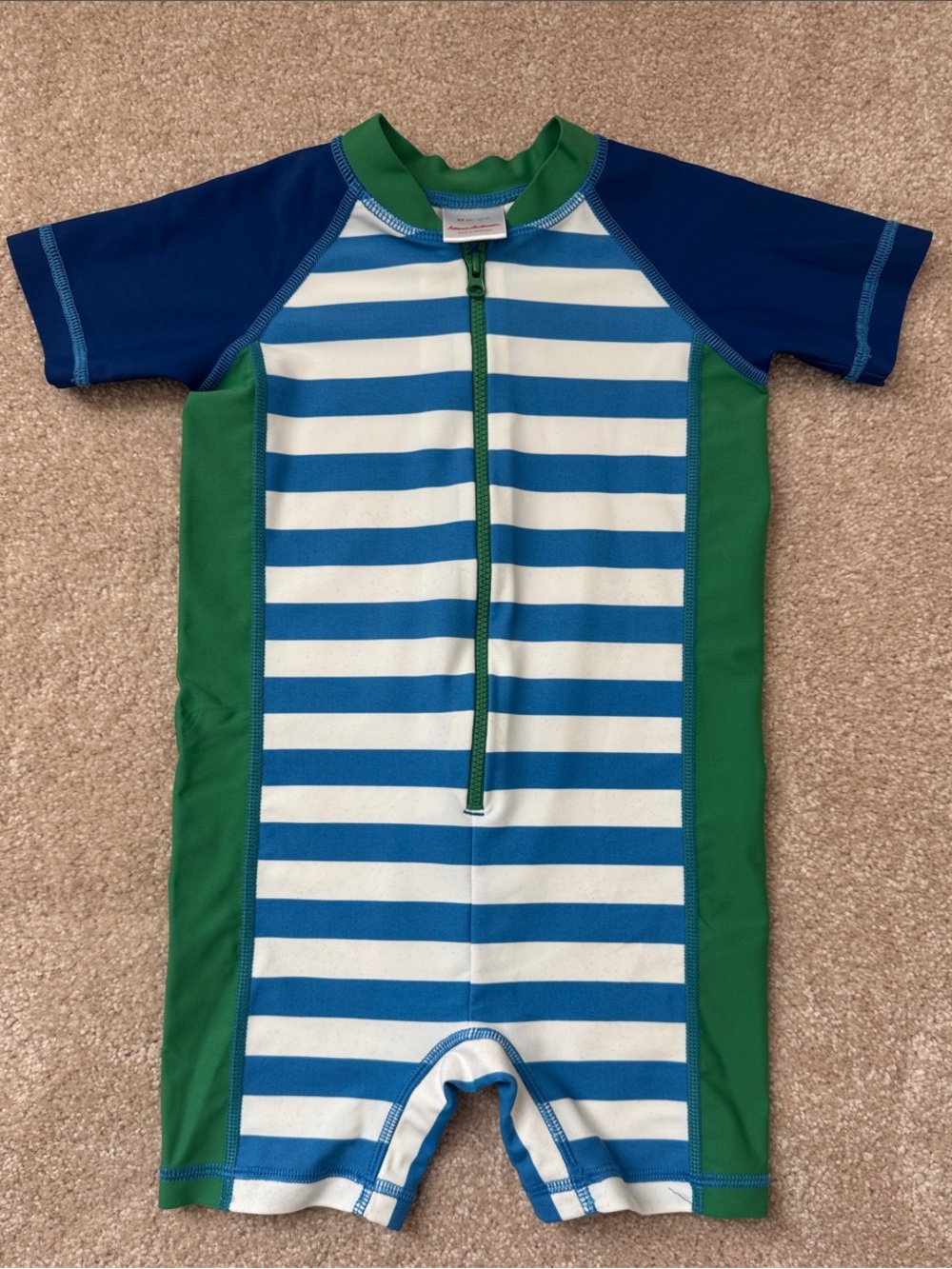 Hanna Andersson Boys Short Sleeve Stripe Front-Zip Rashguard Swimsuit 2T